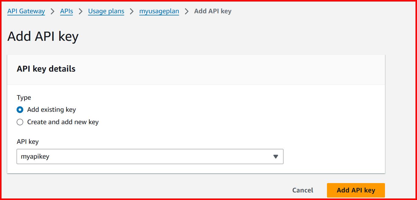 Picture showing a screen to add the key to the usage plan